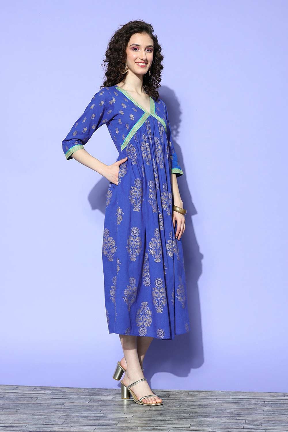 Buy Indigo Blue Cotton Gold Floral Printed midi Dresses Online - Front