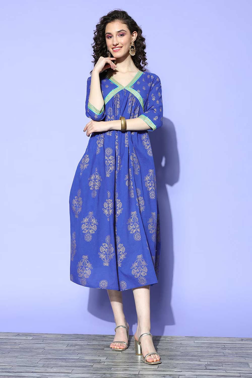 Buy Indigo Blue Cotton Gold Floral Printed midi Dresses Online - Side