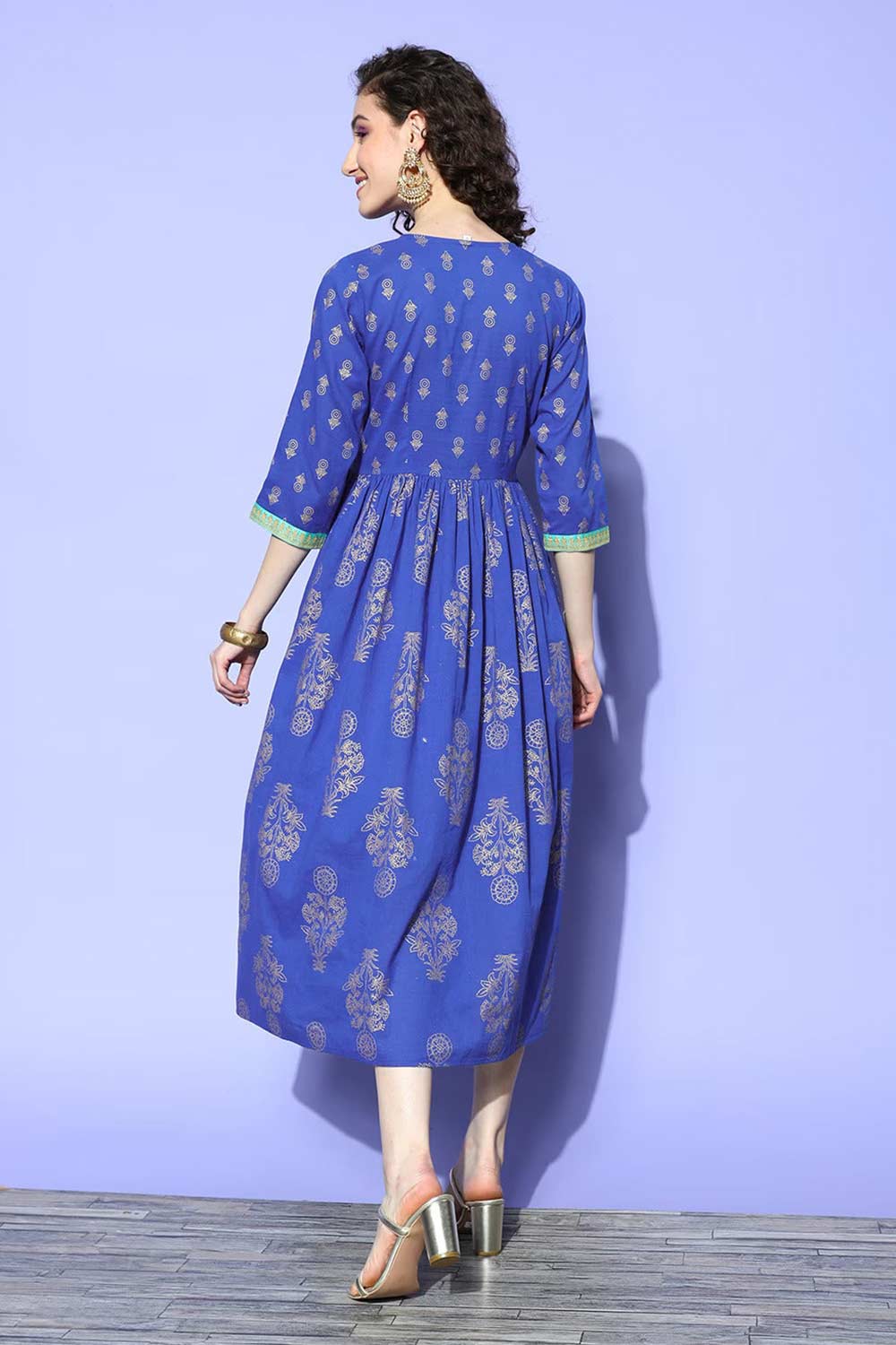 Buy Indigo Blue Cotton Gold Floral Printed midi Dresses Online - Zoom In