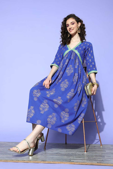 Buy Indigo Blue Cotton Gold Floral Printed midi Dresses Online