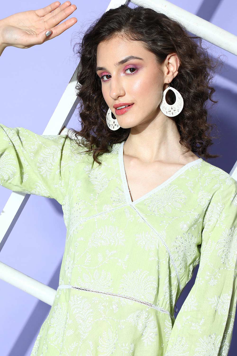 Buy Pista green Cotton Silver Foil Floral midi Dresses Online - Front