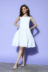 Buy White Cotton Silver Foil Floral Printed midi Dresses Online - Front