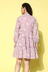 Buy Lavender Cotton Silver Foil Floral Printed midi Dresses Online - Zoom In