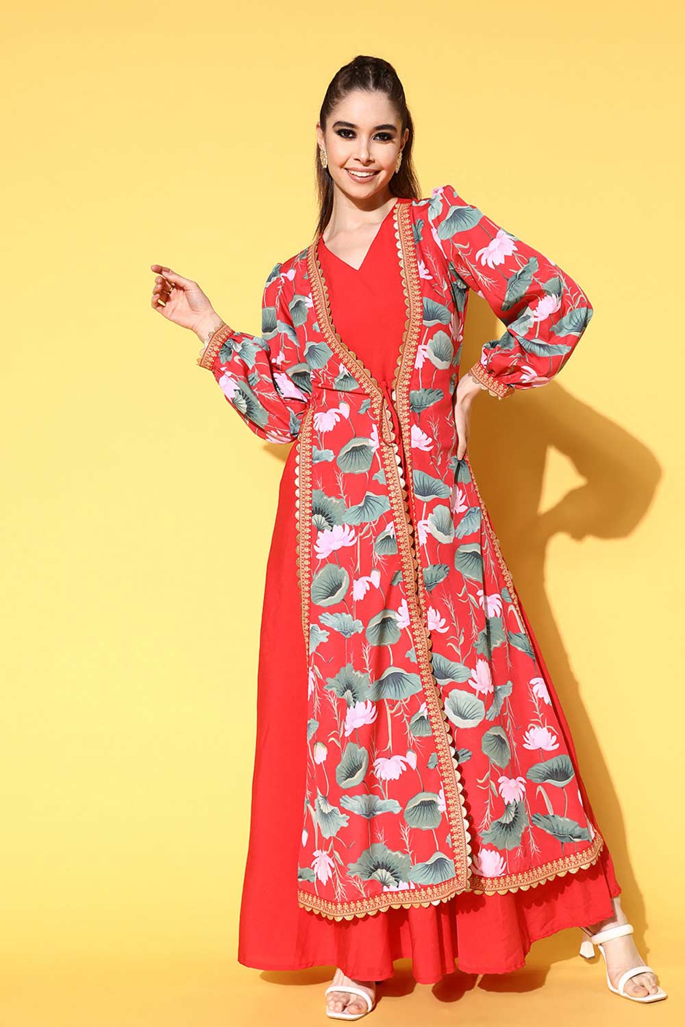 Buy Red Crepe Floral Printed Maxi Dress Online - Front