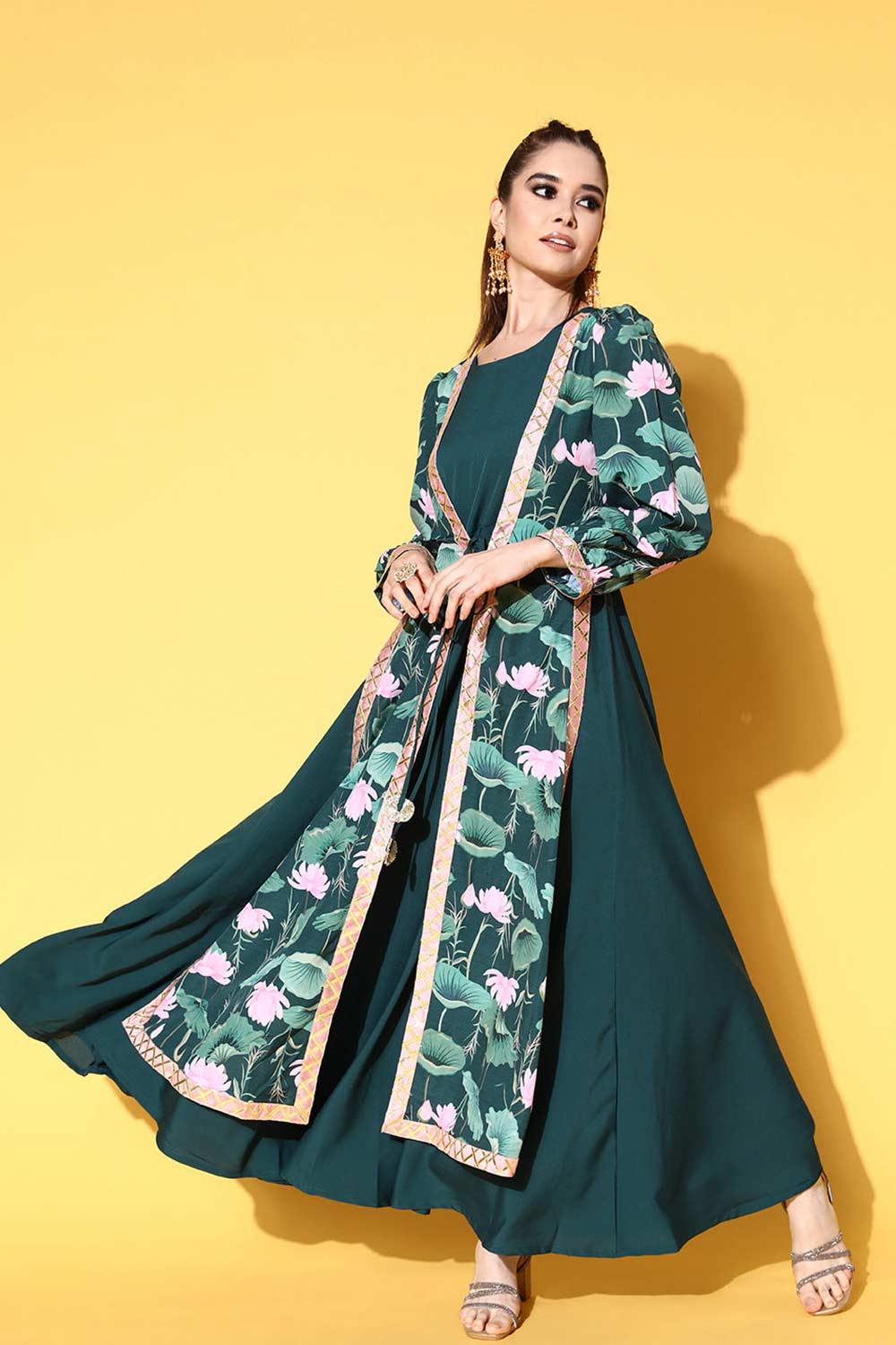 Buy Green Crepe Floral Printed Maxi Dress Online - Front