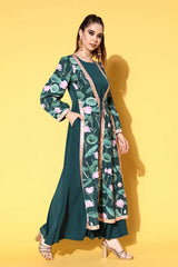 Buy Green Crepe Floral Printed Maxi Dress Online - Side