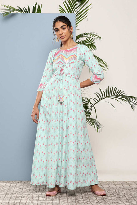 Buy Sea Green Crepe Ethnic Motifs Printed Maxi Dress Online - Back
