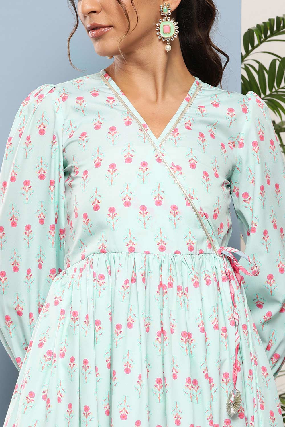 Buy Sea Green Crepe Ethnic Motifs Printed Maxi Dress Online - Zoom In