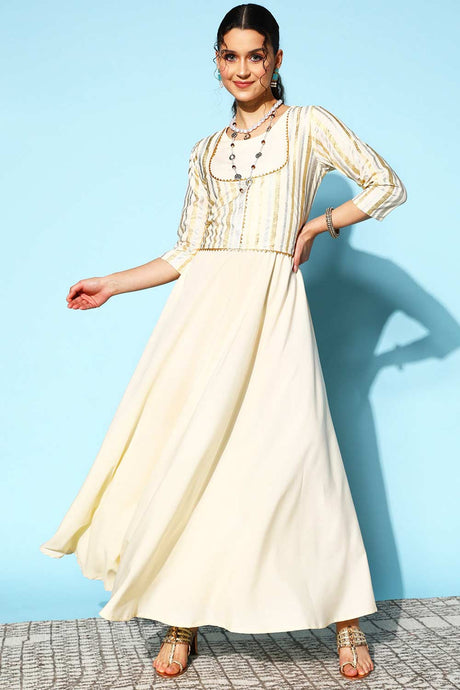 Buy Off White Crepe Striped Gota Patti Maxi Dress Online - Back