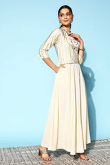 Buy Off White Crepe Striped Gota Patti Maxi Dress Online - Side