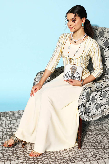 Buy Off White Crepe Striped Gota Patti Maxi Dress Online