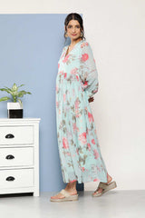Buy Sky Blue Georgette Floral Printed Maxi Dress Online - Back