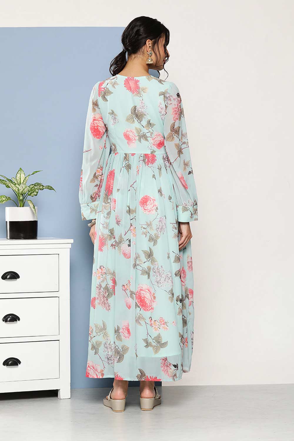 Buy Sky Blue Georgette Floral Printed Maxi Dress Online - Front