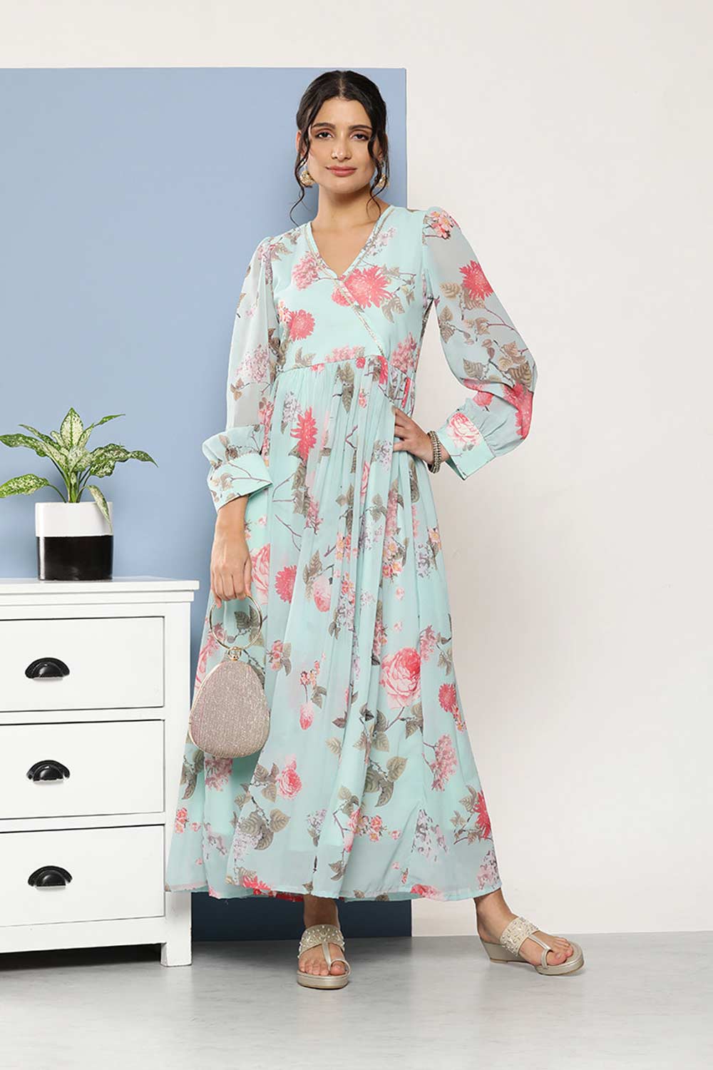 Buy Sky Blue Georgette Floral Printed Maxi Dress Online - Side