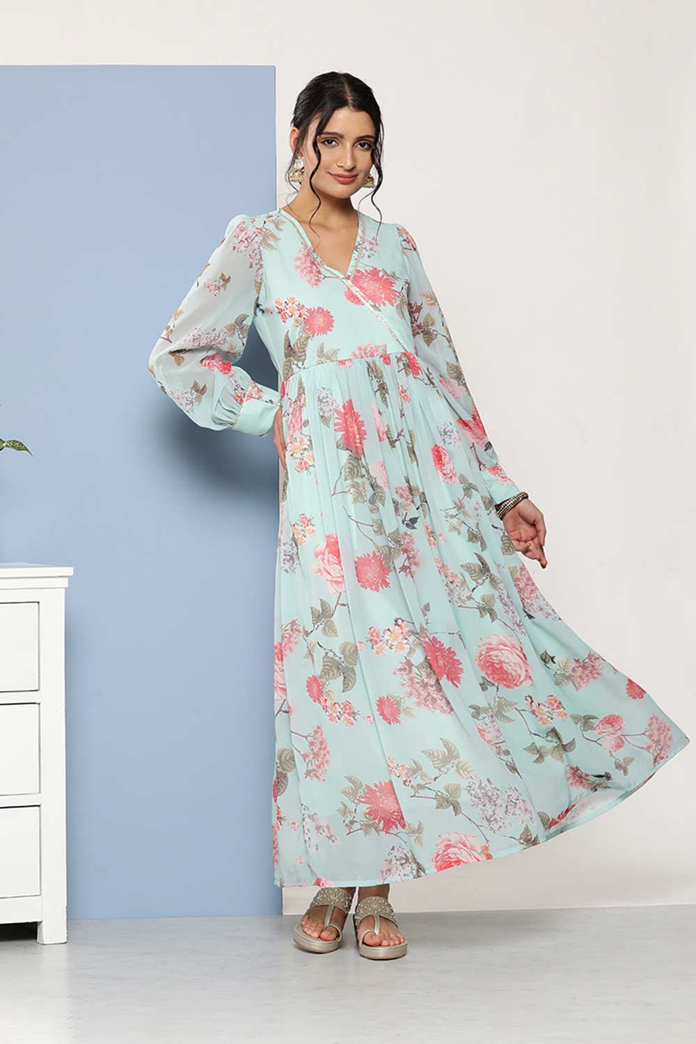 Buy Sky Blue Georgette Floral Printed Maxi Dress Online