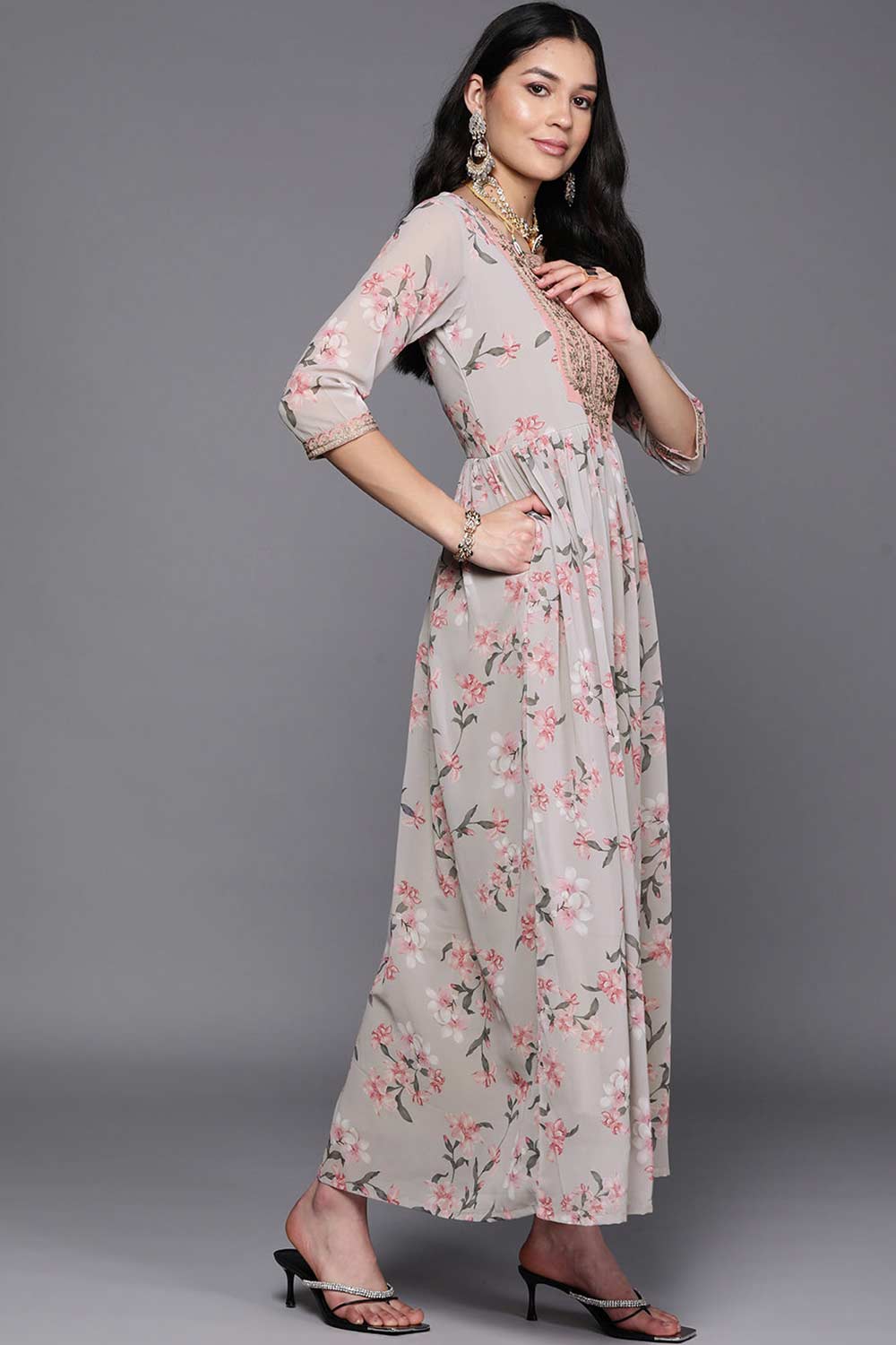 Buy Grey Georgette Floral Printed Maxi Dress Online - Front