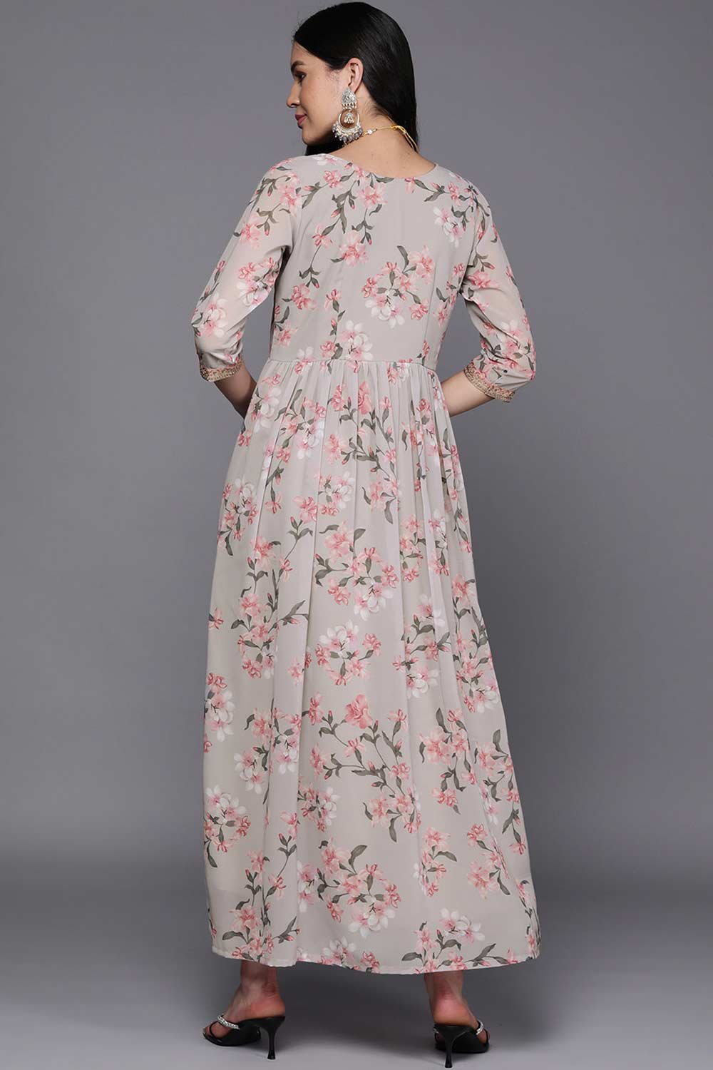 Buy Grey Georgette Floral Printed Maxi Dress Online - Side