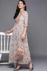 Buy Grey Georgette Floral Printed Maxi Dress Online - Zoom In