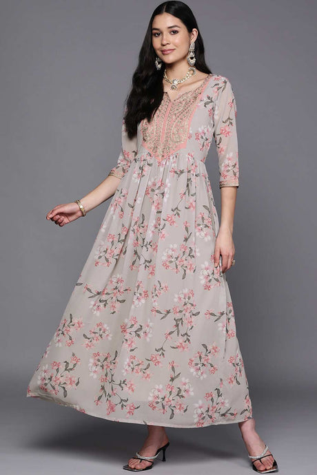 Buy Grey Georgette Floral Printed Maxi Dress Online