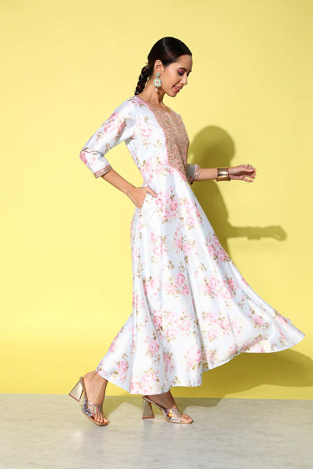 Buy Powder Blue Poly Silk Floral Printed Maxi Dress Online - Zoom In