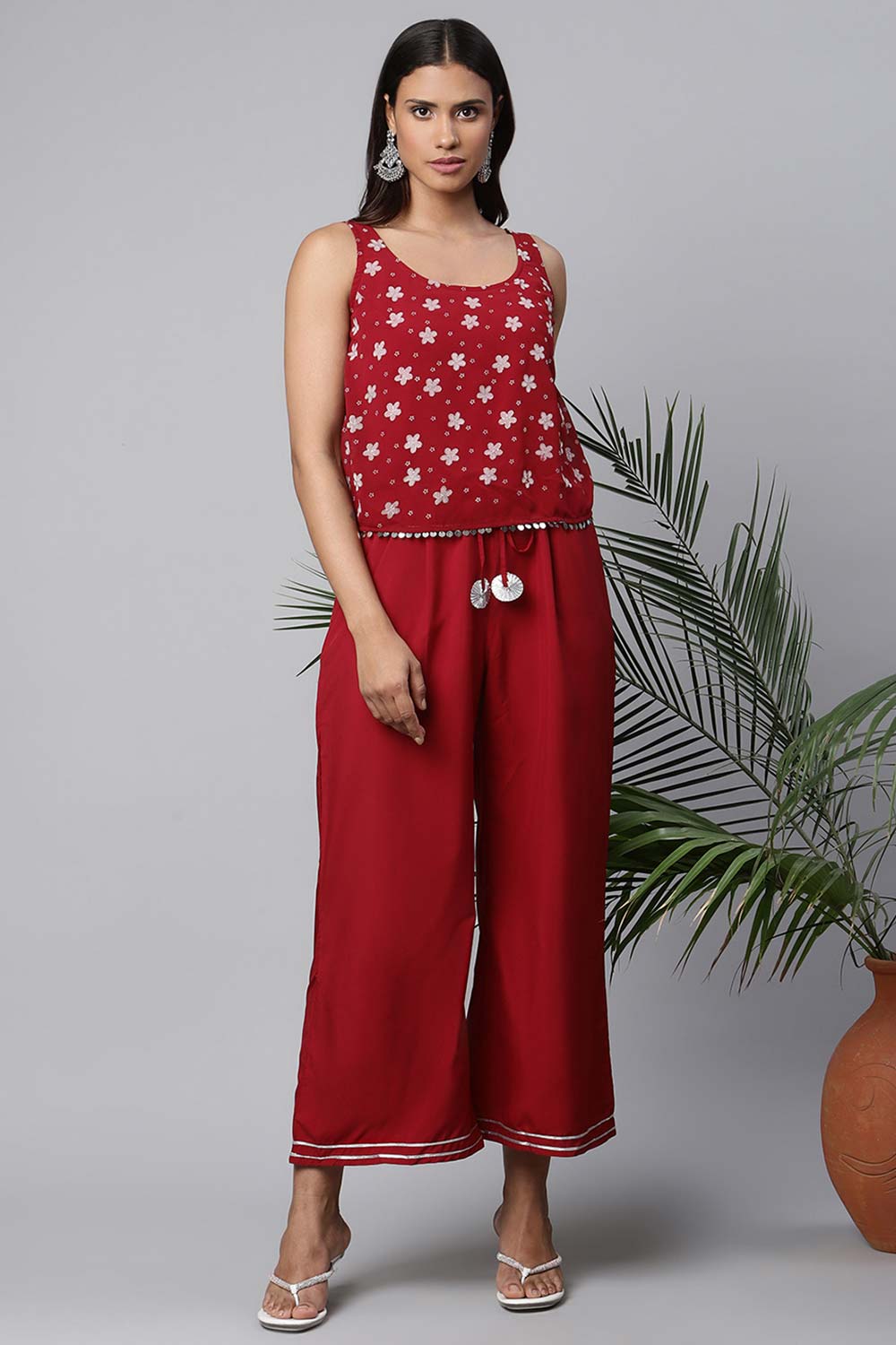 Maroon Chiffon Printed Jumpsuit