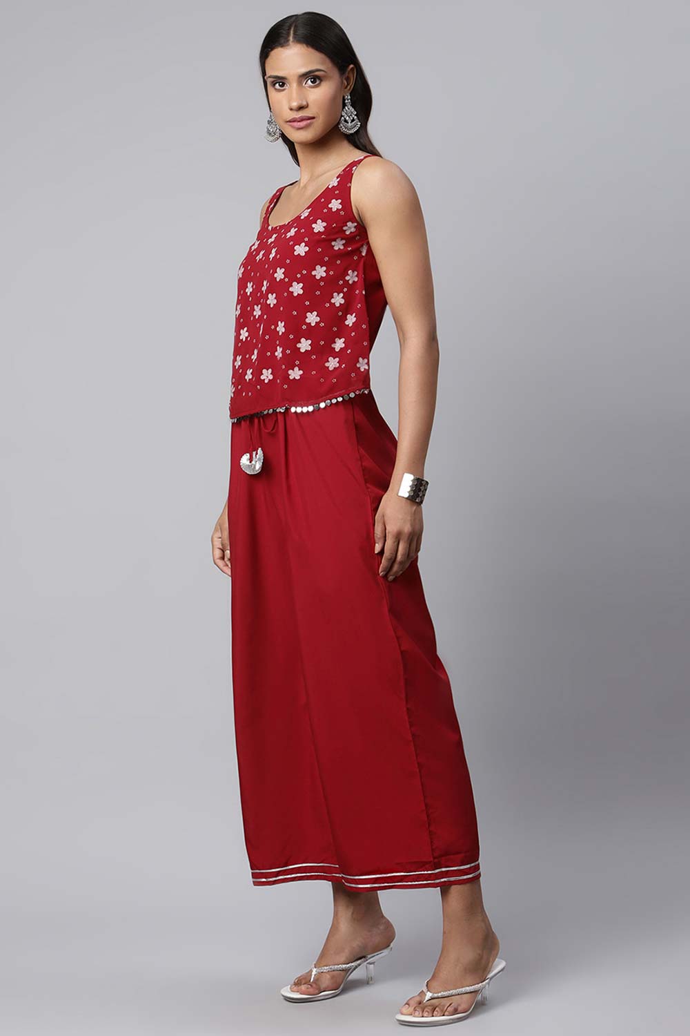 Maroon Chiffon Printed Jumpsuit