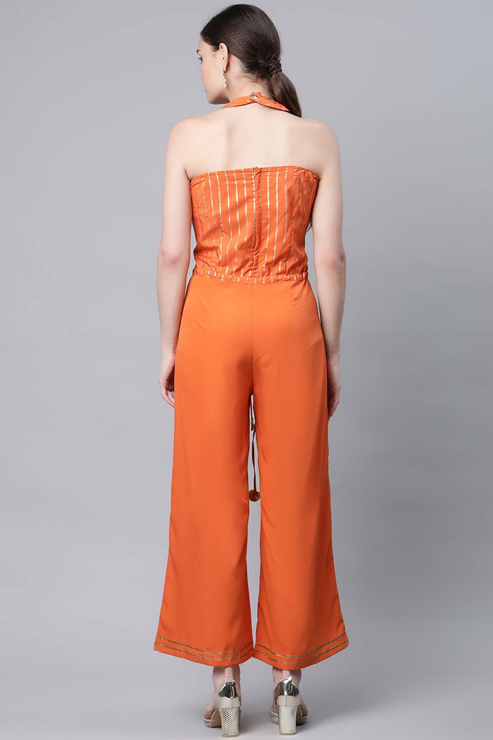 Orange Crepe Gold Stripped Print Jumpsuit