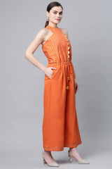 Orange Crepe Gold Stripped Print Jumpsuit