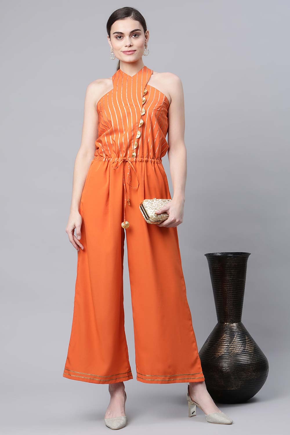 Orange Crepe Gold Stripped Print Jumpsuit