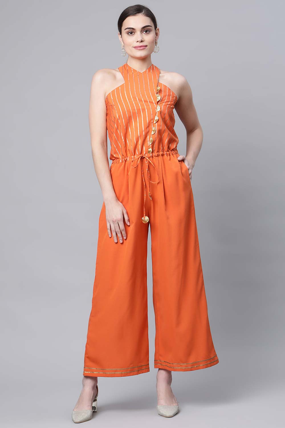 Orange Crepe Gold Stripped Print Jumpsuit