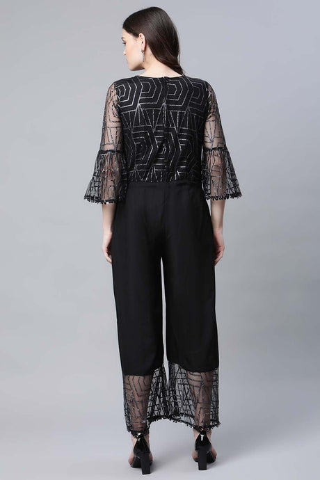 Crepe & Net Black Printed Jumpsuit