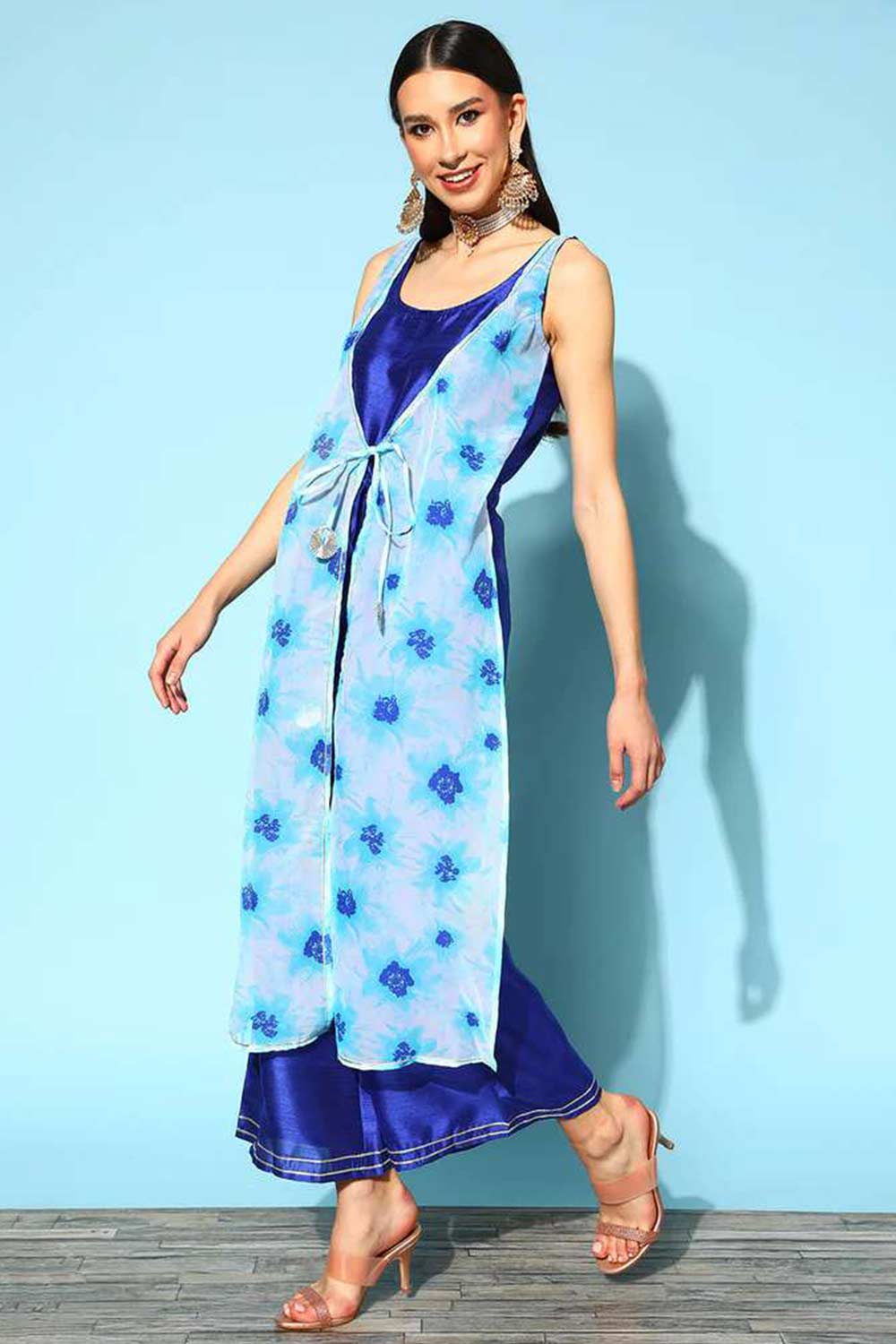 Royal Blue Poly Silk Printed Jumpsuit