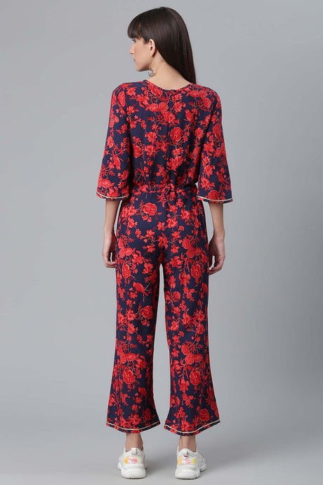 Navy & Red Rayon Printed Jumpsuit