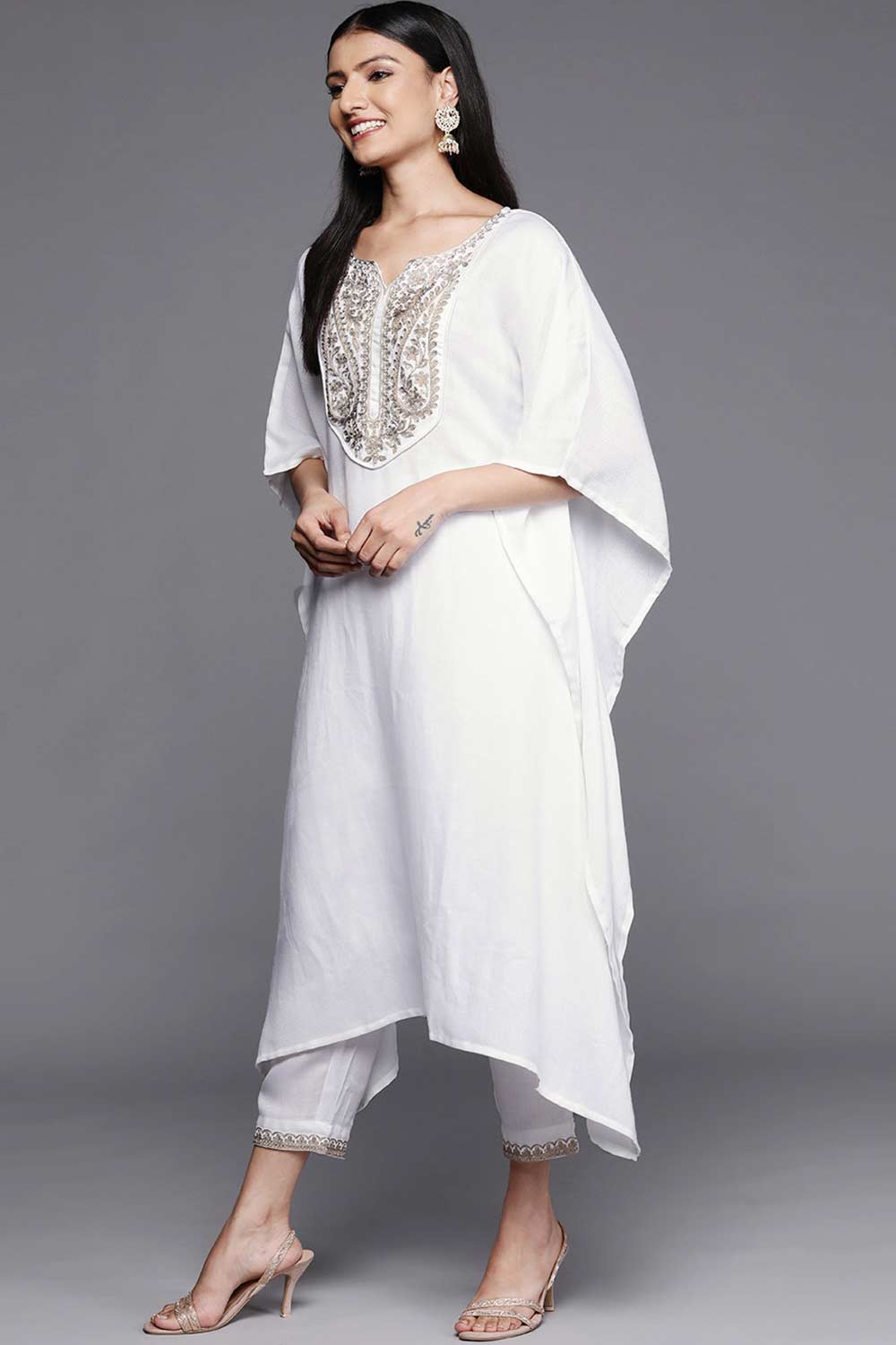 Buy White Faux Pashmina Printed Kurta Trousers Set Online