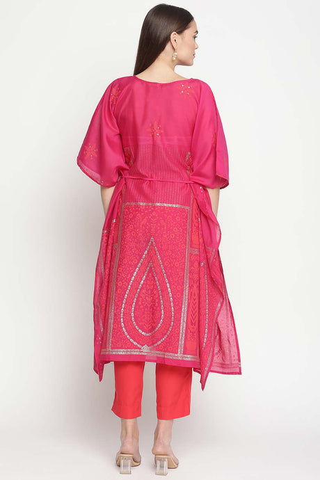 Buy Chanderi Foil Print Kurta Set in Pink - Front