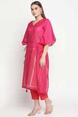 Buy Chanderi Foil Print Kurta Set in Pink - Back