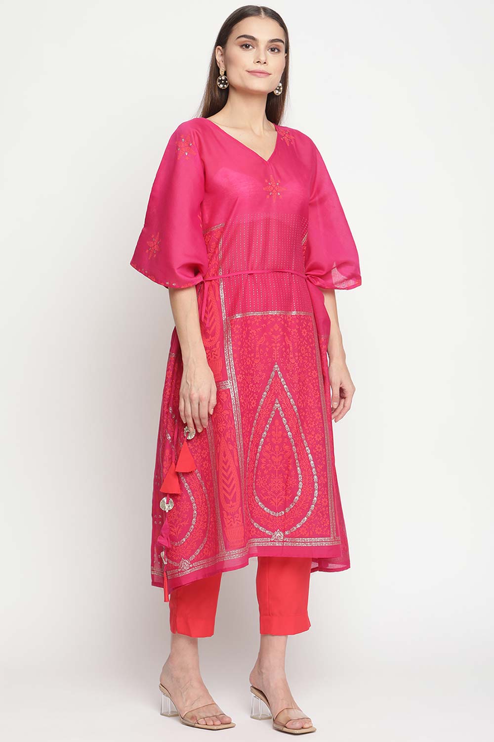 Buy Chanderi Foil Print Kurta Set in Pink - Side