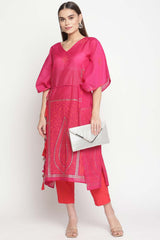 Buy Chanderi Foil Print Kurta Set in Pink - Zoom in