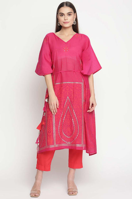 Buy Chanderi Foil Print Kurta Set in Pink