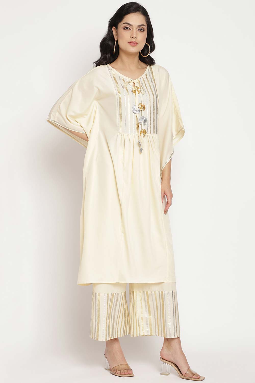 Buy Crepe Foil Printed Kurta Set in Off White Online - Side