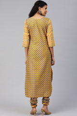 Shop Woman's Crepe Pigment Print Kurta with Churidar in Mustard At KarmaPlace