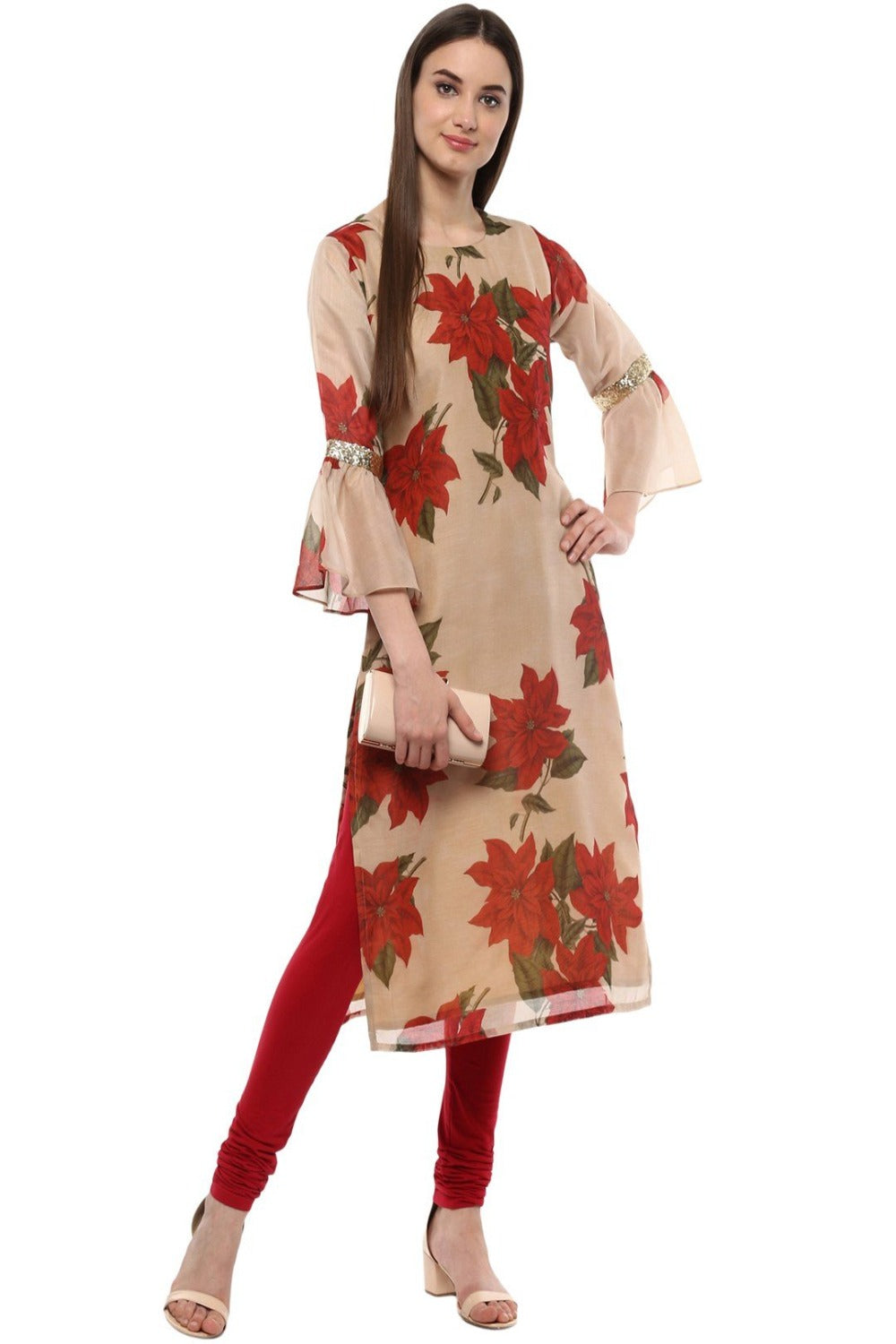 Buy Chanderi-like Printed Kurta in Beige Online