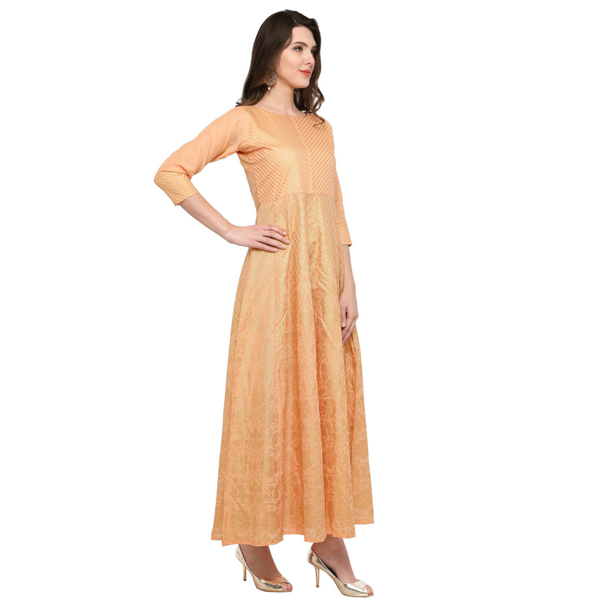 Shop Woman's Chanderi Printed Kurta in Peach At KarmaPlace