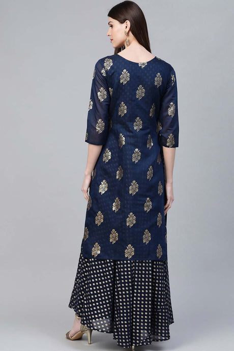 Navy Blue Chanderi Silk Printed Kurta With Attached Gown