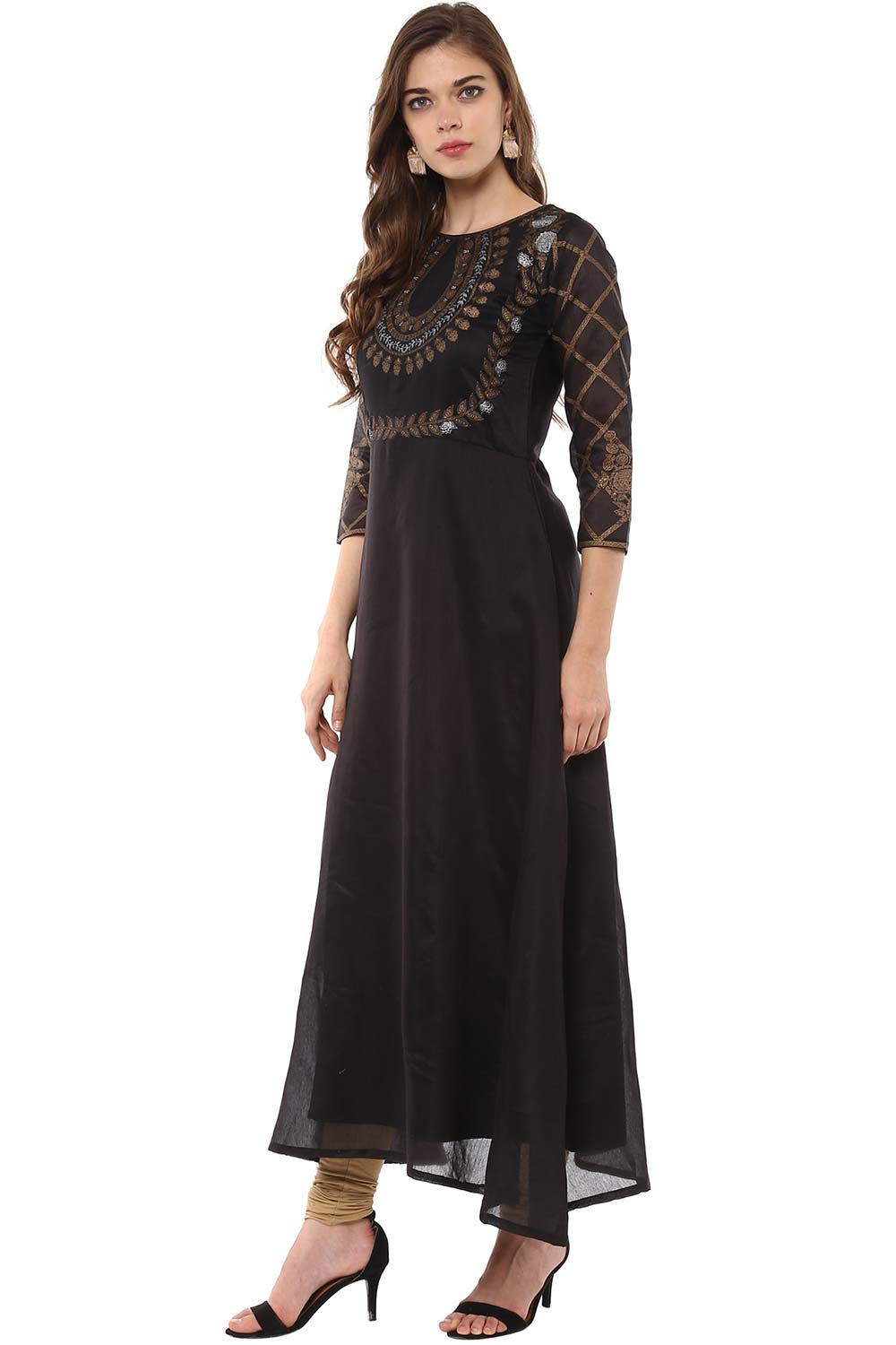 Black Gold Print Chanderi Flare Kurta