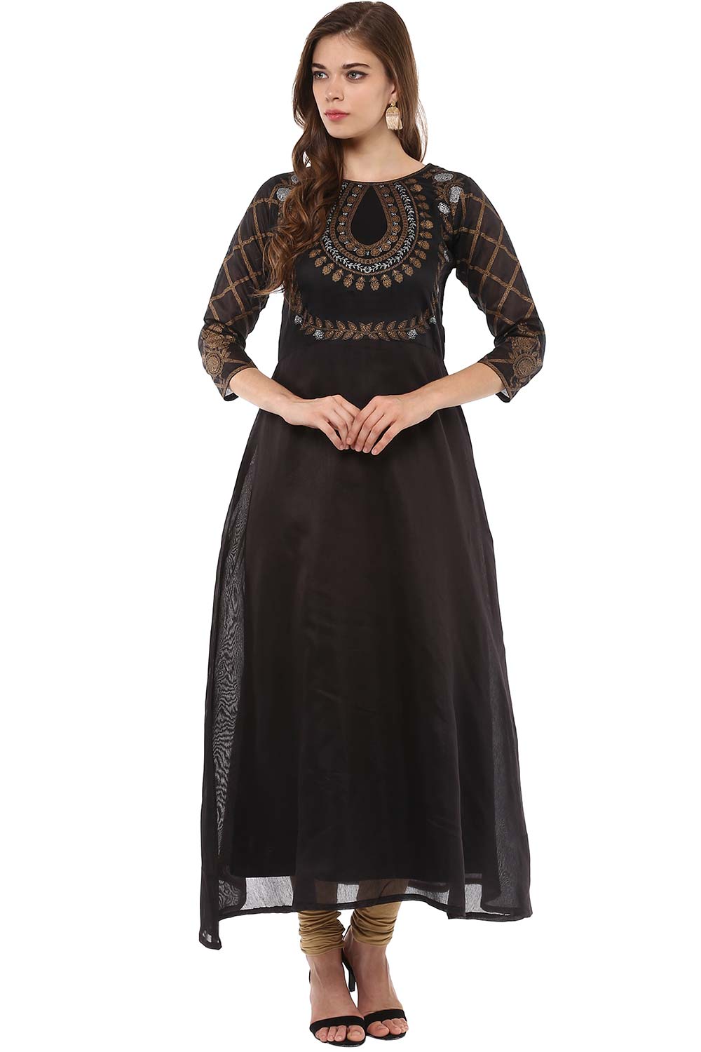 Black Gold Print Chanderi Flare Kurta