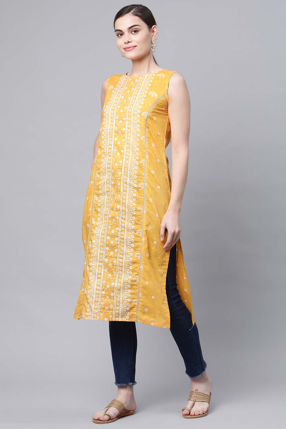 Mustard Pure Cotton Printed Kurta