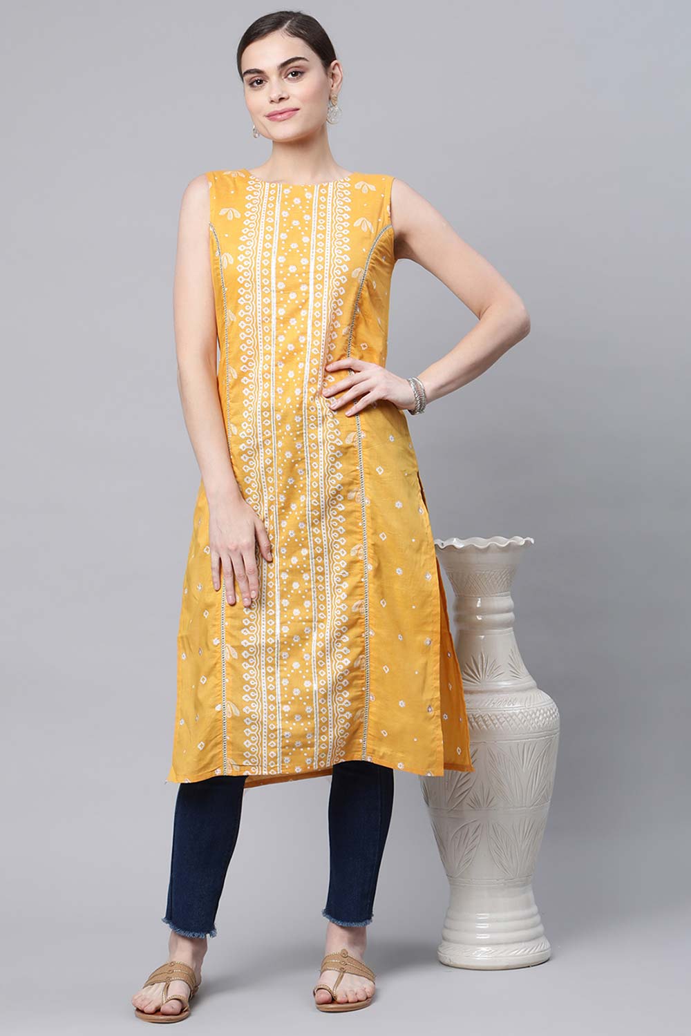 Mustard Pure Cotton Printed Kurti