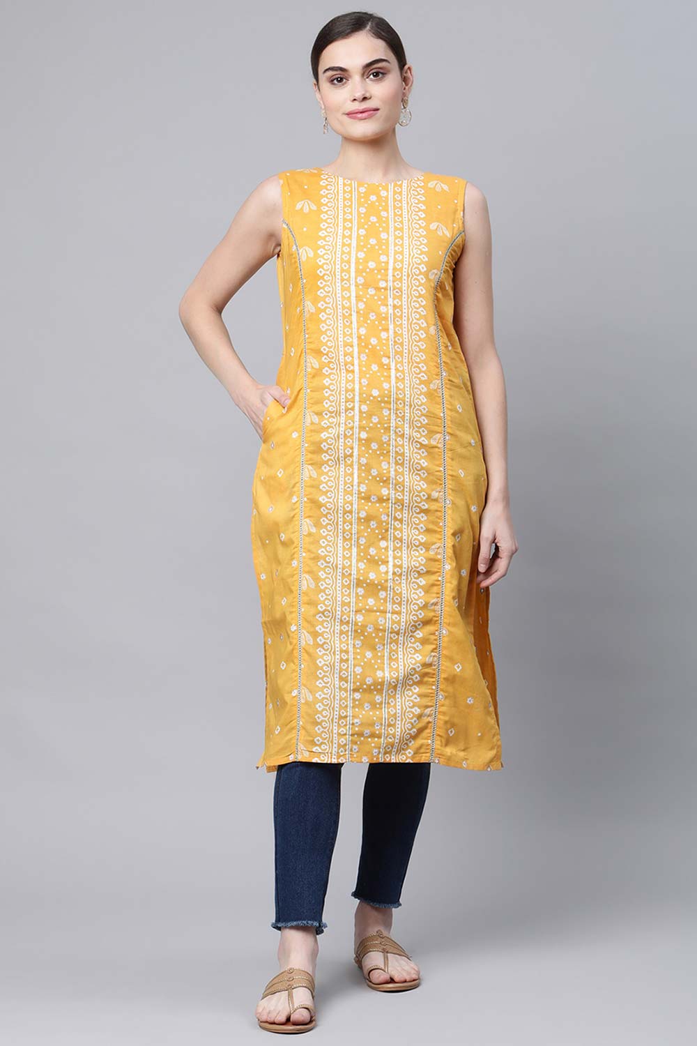 Mustard Pure Cotton Printed Kurta