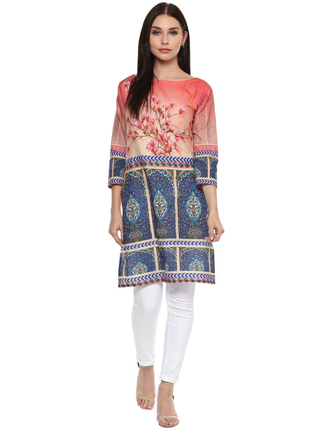 Shop Woman's Cotton Kurta in Pink and Blue At KarmaPlace